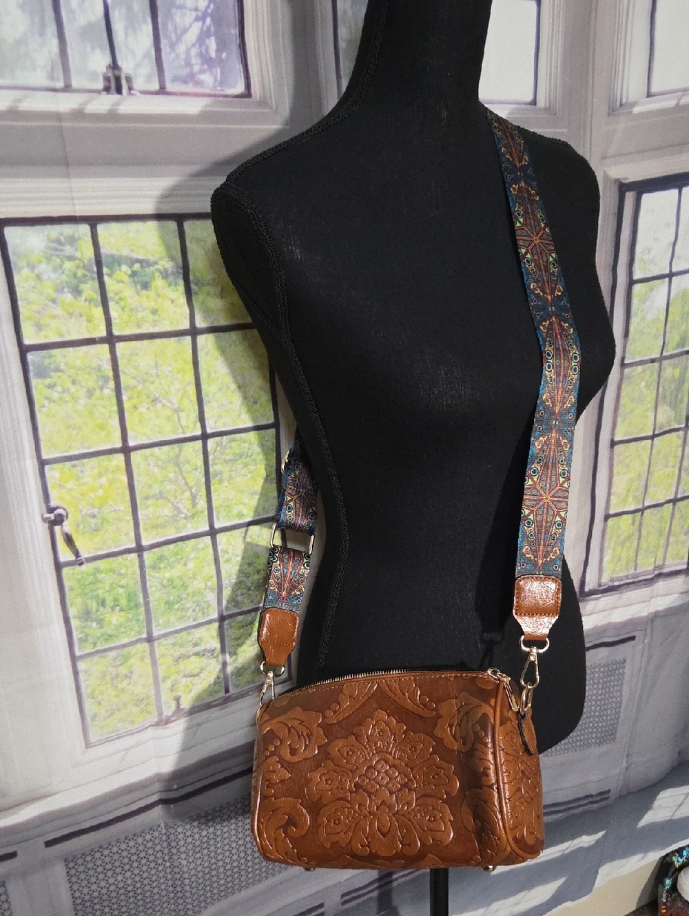 Brown Embossed Faux Leather Small Crossbody Bag with Patterned Strap